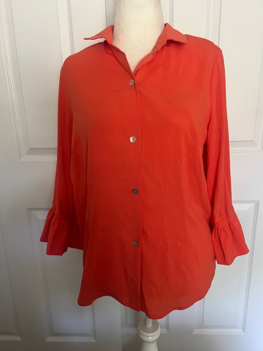 Gretchen Scott Orange Button Front Tunic Large Ruffle Sleeve Lightweight Blouse